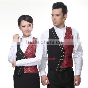 Juqian custom 5 start summer restaurant manager hotel waiter receptionist uniform designs with embroidery vest