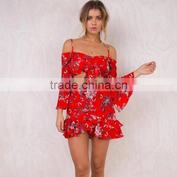 Front Tie Girls 2 Piece Crop Set Long Sleeve Floral Tops and Mini Skirts photo-2