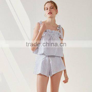 Two Piece Tie Shoulder Casual Women Linen Tank Top and Shorts Clothing Set photo-3