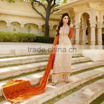 Maize Color Straight Cut Bottom Cream embroidery Border orange design Designer Semi Stitch Salwar Kameez