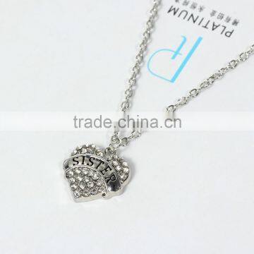 New Fashion Silver Tone " SISTER " Carved Heart Pendant Clear Rhinestone Link Cable Chain Necklace photo-2