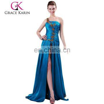 Grace Karin Sexy Cheap High Log Split Front One Shoulder Beaded Mermaid Blue Long Prom Dresses CL4407