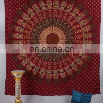 Handmade Hippy Decor Bohemian Red Mandala Queen Wall Hanging, Bed sheet, Cotton Mandala Indian Gypsy Art Tapestry