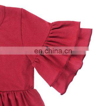 Hot Sale Red 2 Ruffled Design O-Neck Top With Sunflower And Leopard Printed Leggings Baby Kids Clothing Set photo-5