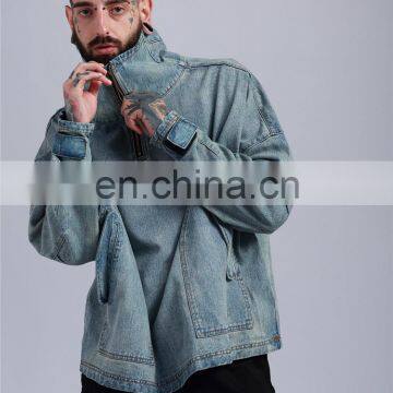 Wholesale Turtle High Collar Oversized Loose Fit Cuff Washed Men Street Style Jean Denim Jacket photo-5