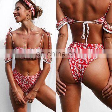 2019 Sexy High Waist Swimsuit Women Lace Bikini Off Shoulder Bikinis Swimwear Red Print Biquini Bathing Suit Beachwear