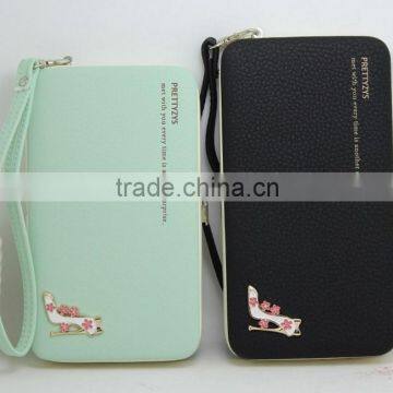 carteira feminina 2015 famous brand wallet high quality PU leather girl cluth Double Zipper purse Decorated with high heeled