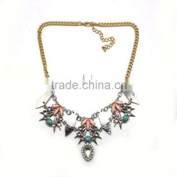 New Design 2015 Fashion Jewelry Set Acrylic Beads And Rhinestone Charms Badge Shape Linked On Chain Necklace Set