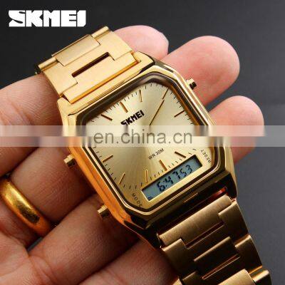 Bulk Wholesale Popular Skmei 1220 Stainless Steel Golden Wrist Watches Square Face Classic Digital Watch Men Women