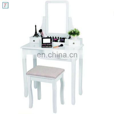 White Bedroom Mirrored Dresser Wooden Dressing Table with Mirror and Stool