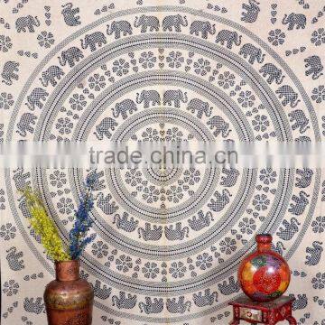 Indian Tapestry Cotton Elephants Print Black Vintage Wall Hanging Tapestries Throw Mandala Print Bedsheet