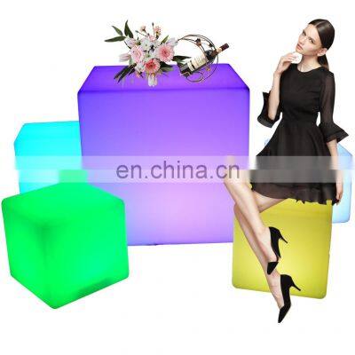 white plastic outdoor table and chair /rechargeable event LED furniture hire led glow cube box seat bar led light cube for party