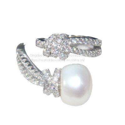 S925 Sterling Silver Ring Women's Diamond Pearl Knot Ring