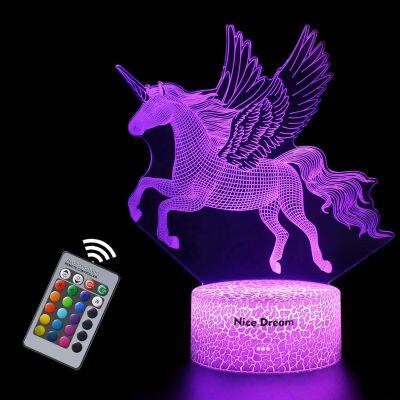 Hot sale 3D Unicorn LED Acrylic Night Lights for Kids 7 Colors Change with Remote Birthday Gifts Ideas for Children Light lamp