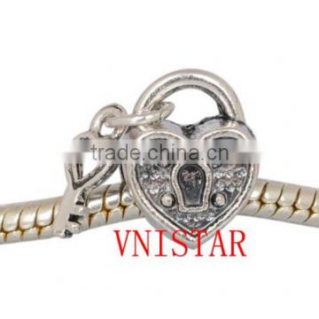 Vnisatr Antique silver plated beads PBD1508, heart-shaped lock with key bead fit for european bracelet