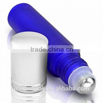 10ml Blue Glass Roller Bottles with Metal Roll On Inserts & Silver Caps