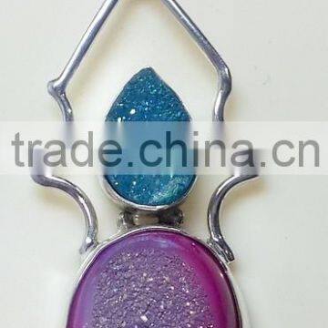 Coated Druzy Blue & Pink Two Stone Pendant, 925 Sterling Silver Pendant, Druzy Gemstone Pendants