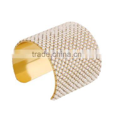 Fashion Full Pearl Rhinestone Open Wide Bracelet Lady Alloy Cuff Bangles