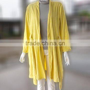 Yellow thin long sleeve waist sauna suit terry towel bathrobe for hotel