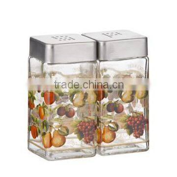 SINOGLASS 2 pcs square shape with FRUITS DU MARCHE decal glass Salt and Pepper jar shaker set