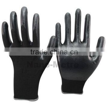 NMSAFETY 13 gauge knitted seamless black polyester liner palm coated black nitrile work safety gloves for light industry