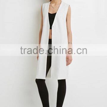 Collarless V-neck Longline Women Vest Woven Vests With Pockets photo-2