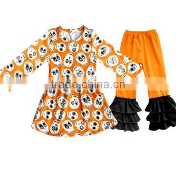 Wholesale fall winter print halloween clothing triple ruffle baby clothes clothing set