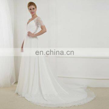 C5001 Soft chiffon V-neck Ruched beading lace back long train Graceful evening dress