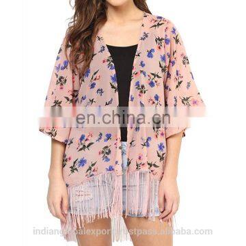 Printed Peach Floral Fringe Kimono for women