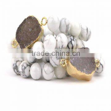 FULL-0334 Good quality druzy pendant bracelet Howlite turquoise bead stretch bracelet,Natural stone bead charm bracelet