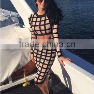 Summer dress wholesale 2015 new beige black white mesh long sleeve sey three piece set bodycon women summer evening party bandag