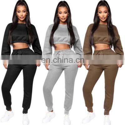 Women's nine-point blouse polar fleece sportswear round neck 2-piece sweatshirt women's solid color autumn clothing