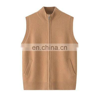 Custom Women's Zip-Up Knitted Pure Cashmere Waistcoat Casual Outer Wear with Embroidered Logo from Inner Mongolia