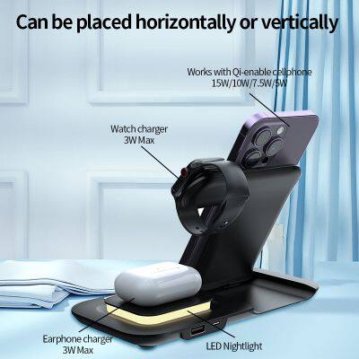 Hot Selling Portable Foldable 3 In 1 Wireless Charger With USB Output Fast Charging Station Stand Dock