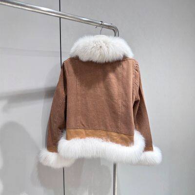 Fox Fur Sheepskin Retro Handmade Buckle Goose Down Inner Lining Splicing Denim Fur Coat for Women photo-2
