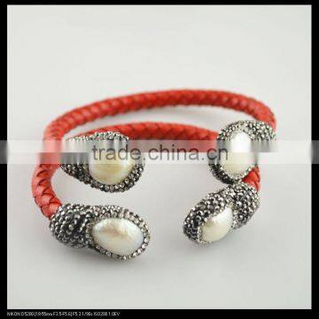 LFD-B0027 Wholesale For Women Natural Pearl Pave Rhinestone Crystal Leather Bangles Bracelet in Red Color Jewelry Finding