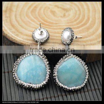 LFD-031E Wholesale Silver Pearl With Water Drop Agate Pave Rhinestone Crystal Dangle Earrings Jewelry Finding