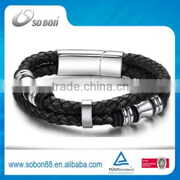 Magnetic stainless steel genuine leather bracelet for men