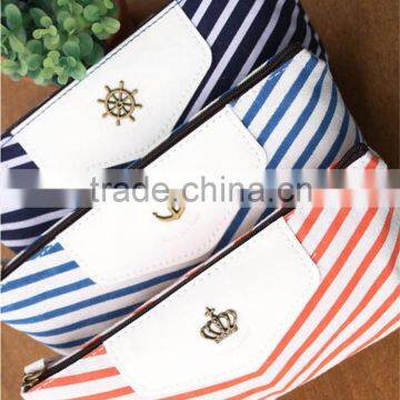 New Canvas Navy Marine Stripe Zipper Pouch Bag Pen Box photo-6