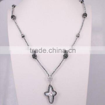 Pave Crystal Pearl Gem stone Necklace, Cross Pendant with Hematite Beaded Necklace