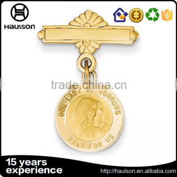 wholesale custom polished casting embossed iron brass zinc alloy imitation gold plated pin style medal with metal hanging