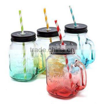 Colorful Glass handle Mason Jars with straw and lid