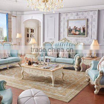 French romantic flower carving blue leather sofa set