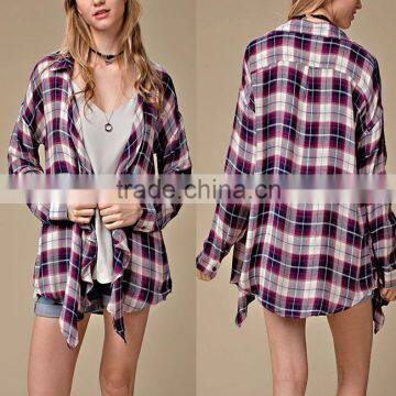 Western Style Europea Lady Hot Sale Spring Autumn Shirt Cardigan Open Front Plaid Button Up Style Casual Cardigan