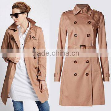 OEM Women Winter Long Sleeve Pure Cotton Belted Long Brown Trench Coat with Stormwear