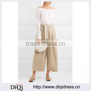 Wholesale Women Apparel Fashion Geige-color Cropped Cotton-twill Wide-leg Pants(DQE0392P)