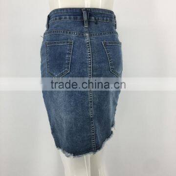 Women OEM Frayed Hem Front Botton Denim Skirt photo-3