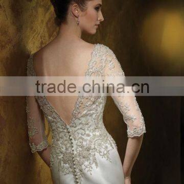 Sexy Satin Lace Baeded Long Sleeve Open Back Wedding Dress photo-3