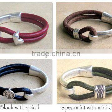 fashion Leather bracelet, Antique Silver Hook Clasp-can stamp custom logo, Leather Bangle for girls and boys