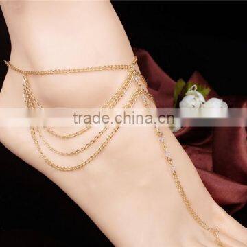 Multi Layers Gold Tone Rhinestone Crystal Beads Finger Anklet Foot Chain